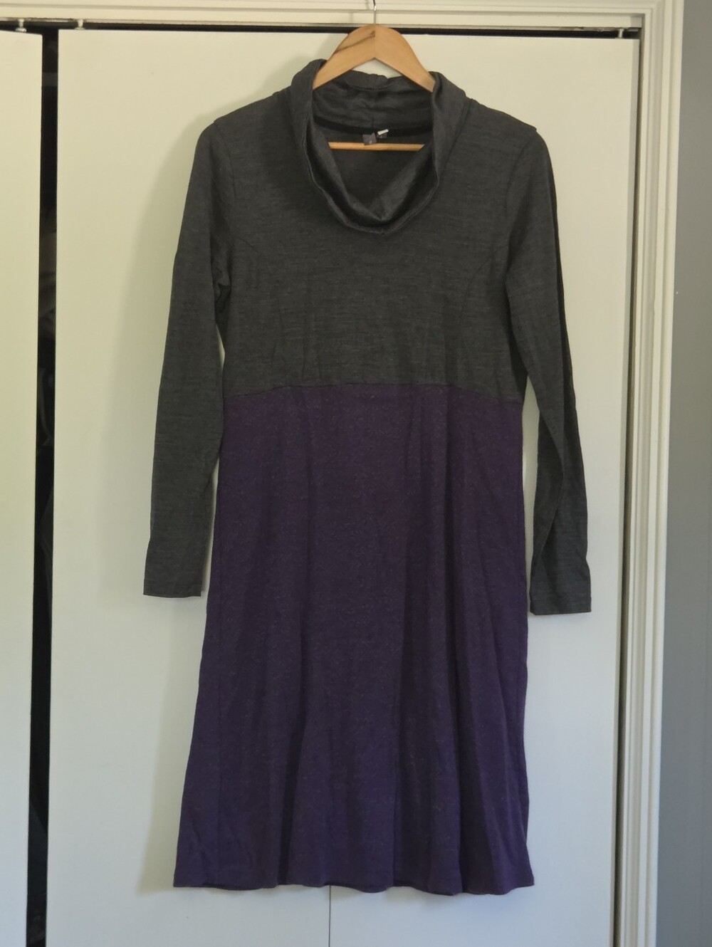 ibex Two-Tone Merino Wool Long Sleeve Cowl Neck Dress - Gray & Purple